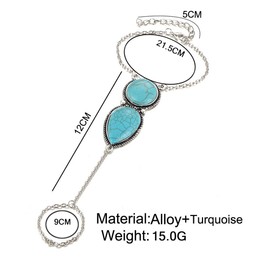 Izpack Boho Turquoise Finger Ring Bracelet for Women Natural Stone Waterdrop Tassel Harness Slave Wrist Hand Chain Bracelets Fashion Ethnic Style Jewelry Gifts