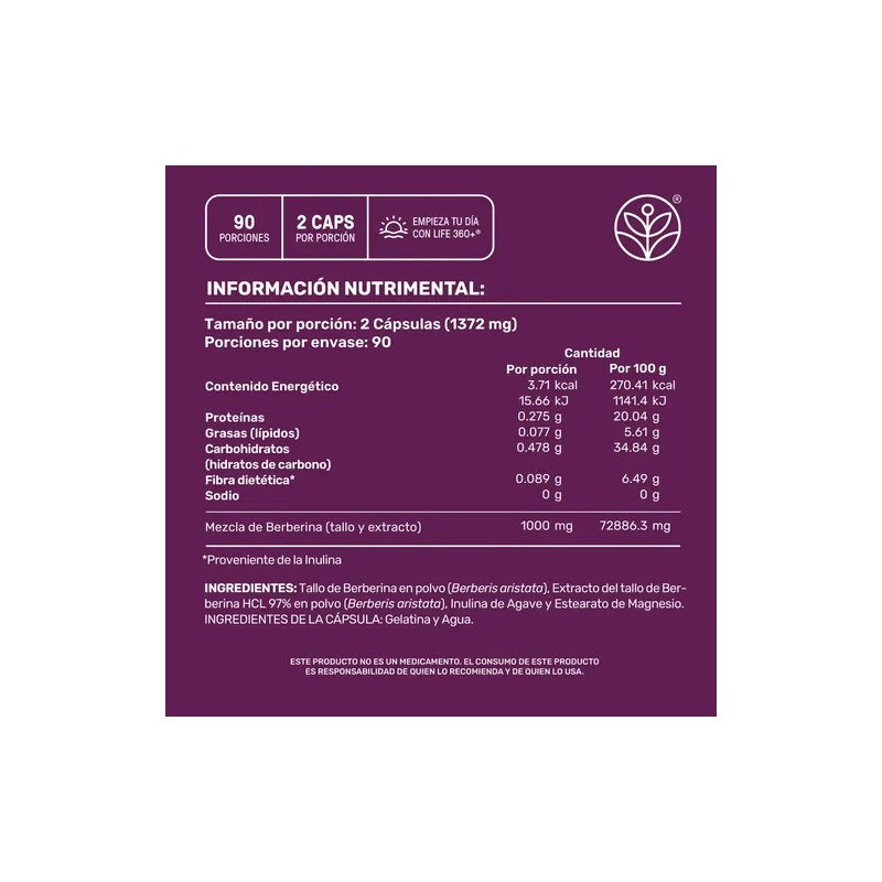 Berberina Life 360 1000 Por Porción 180 Cápsulas Extracto Hcl