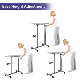 Grey Overbed Table with Composite Top and Adjustable Height - Over Bed Table with Wheels - Medical Rolling Bedside Table for Hospital and Home Use