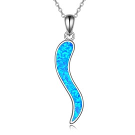 YAFEINI Italian Horn Necklace Sterling Silver Blue Opal Italian Horn Cornicello Pendant Necklace Good Luck Protection Amulet Jewelry for Women (Blue)