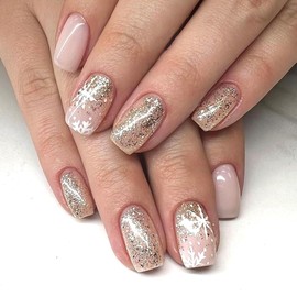 Christmas Press on Nails Short Square - QUNQINLI Nude Pink Fake Nails with Snowflake Silver Glitter Designs Glue on Nails Christmas Nails Full Cover Glossy False Nails for Women Decoration 24Pcs