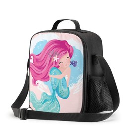 JIMOWANG Mermaid Girl Insulated Lunch Bag with Shoulder Strap and Bottle Holder Portable Thermal Lunch Container Bag for School Travel Picnic