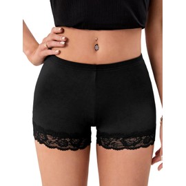 MakeMeChic Women's Lace Trim Seamless Biker Shorts Short Leggings Undershorts Black Tall S