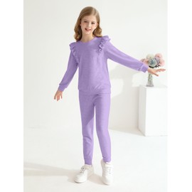 Girls Outfits Back To School Fall Winter Clothes Long Sleeve Fashion Solid Color Set Cute Elegant Ruffled Tops and Pants with Pockets 6-7, 8-9, 9-10, 10-11, 12-13 Years