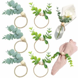6 PCS Eucalyptus Napkin Rings,Greenery Napkin Rings Boho Leaf Wood Bead for Christmas Weddings,Party,Etc