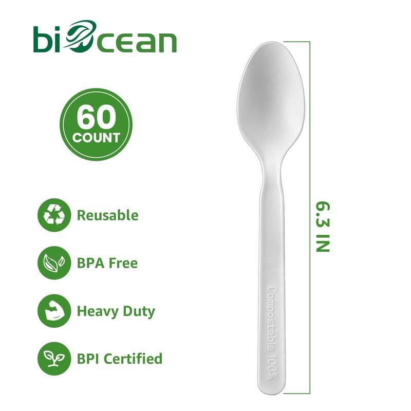 Biocean 100% Compostable Spoons 60 Count Disposable Soup Spoons Heavy