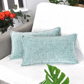 Farmhouse Throw Pillow Covers with Stitched Edges (12x20 Inches -Set of 2, Heather Teal)