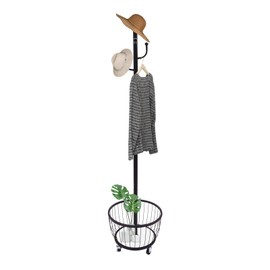 WUSILILU Entryway Coat Hanger Stand with Storage Basket, Cactus-Shaped Metal Standing Coat Rack with Mobile Wheel, Mobile Coat Hanger Stand Hall Tree for Hallway, Bedroom, Living Room (Black)