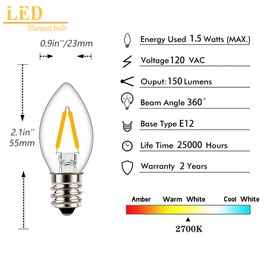 Tsunetani C7 Edison 1.5W Equivalent to 15 Watt Incandescent LED Filament Mini Night Light Bulbs - E12 Candelabra Base 2700K Warm White for Home Decorate 150Lumens - 3Pack