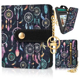 Jogjam Colorful Dream Catchers with Feathers Rfid Ladies Wallet, Small Credit Card Women Wallet, Boho Traditional Circular Net PU Leather Bifold Cash Zipper Coin Pocket for Female Blessing