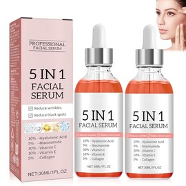 2PC Suero facial antienvejecimiento 5 en 1, Suero facial 5 en 1suero facial con vitamina C, cido hialurnico y niacinamida, reafirma la piel, reduce...