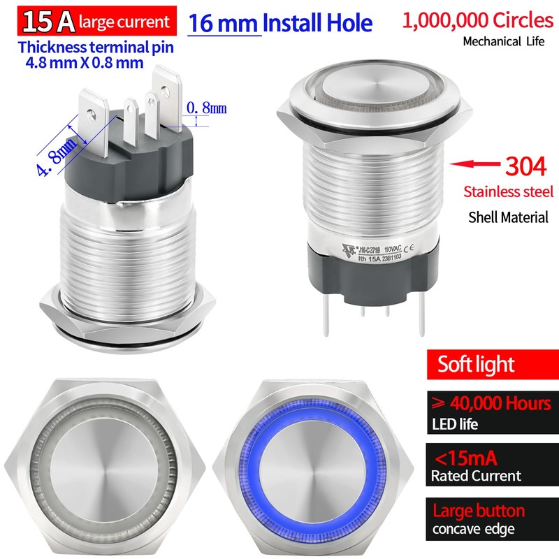 15Amp 16mm Latching Push Button Switch 5/8" Waterproof IP67 110V