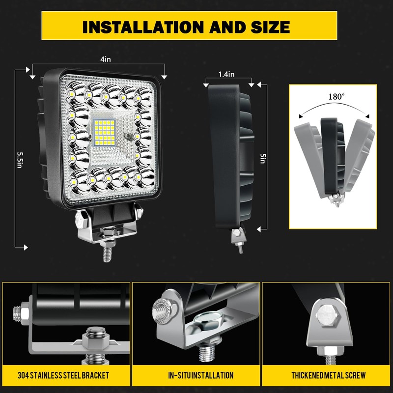 LED Tractor Work Lights MUVKQC 4 Inch 123W 12000lm Square