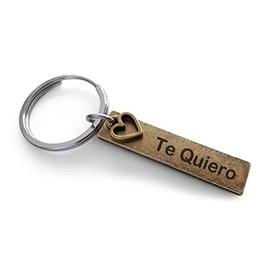 JewelryEveryday Small Antique Bronze Tag Keychain Engraved with Te Quiero (I Love You) in Spanish with Heart Charm, Couples Keychain