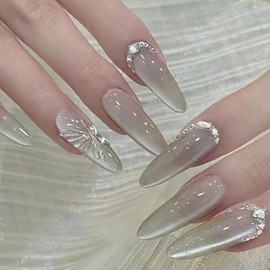 LOPMNGHT Cat Eye Press on Nails Extra Long 3D Butterfly False Nails with Glitter Rhinestones Design Acrylic Nails Almond Stick on Nails Full Cover Coffin Nails Reusable Glue on Nails for Women 24Pcs