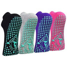 HYCLES Yoga Socks Non-Slip Socks Women's 4 Pairs Yoga, Pilates, Barre, Dance, Ballet, Trampoline, Hospital 35-43, 1# Grey + Purple + Black + Pink