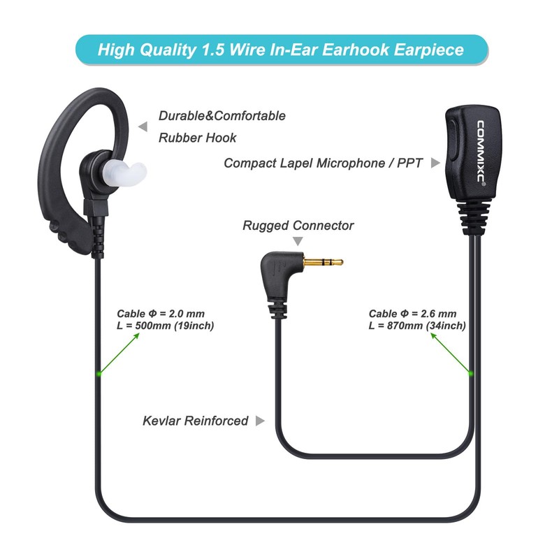 COMMIXC 2-Pack Walkie Talkie Earpieces with Mic PTT, 2.5mm 1-Pin