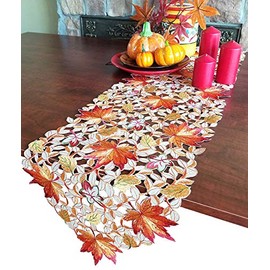 GRANDDECO Camino de mesa de cosecha de Acción de Gracias, bordado de hojas de arce para vestidor, bufanda, decoración de otoño u otoño (camino de 33 x 172 cm, hojas de arce 2)