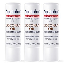Aquaphor Barra de reparación de labios de inspiración natural con aceite de coco y manteca de karité natural, bálsamo labial hidratante alivia inmediatamente la sequedad y alivia los labios agrietados