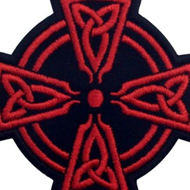 Celtic Cross Circle Patch Biker Applique Embroidered Iron On Sew On Emblem, Red & Black
