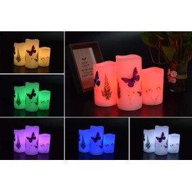 Candles Set of 3 Flameless 4" 5" 6" Unscented Tealight Butterfly Flower Plants Decor Real Wax Pillar Candle LED Lights 12 Color Changing 4H 8H Timer Remote Control AAA Batteries Operated
