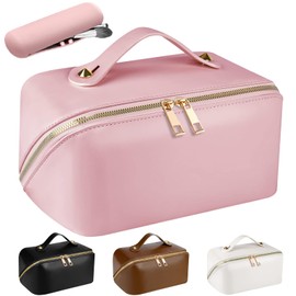 EECH Makeup Bag Large Capacity Travel Cosmetic Bag Travel Makeup Bag Waterproof Leather Portable Makeup Organizer Bag with Dividers Flat Makeup Bag for Women, Smooth Pink