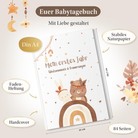EULENTALER® The Baby Diary (Boho), Creatively & Thoughtfully Designed by Pedagogues, My First Year, DIN A4, Baby Album, Memory Book for Writing in