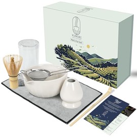 Yumori Matcha Whisk Set – 6 Pcs Matcha Whisk Set with White Bowl, Bamboo Whisk, Scoop, Sifter, Whisk Holder & Cleaning Cloth, Traditional Matcha Set in Magnetic Gift Box