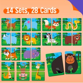 Jungle Animal Memory Game, 28 Chunky Cards Wild Animal Head Tail Matching Game 1-5 Players Memory Matching Game for Age