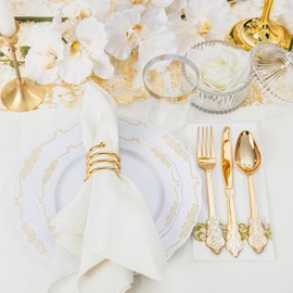 Supernal 210Pcs White and Gold Plastic Dinnerware Set,Disposable Plates and Utensils Set,Elegant Plastic Plates Include 30 Dinner Plate,30 Dessert Plate,30 Gold Silverware,30 Cups,30 Napkins for Party