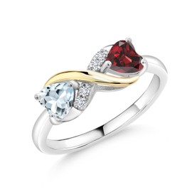 Gem Stone King 925 Sterling Silver and 10K Yellow Gold Sky Blue Aquamarine Red Garnet and Lab Grown Diamond Women Ring (1.06 Cttw, Gemstone Birthstone, Available In Size 5, 6, 7, 8, 9)