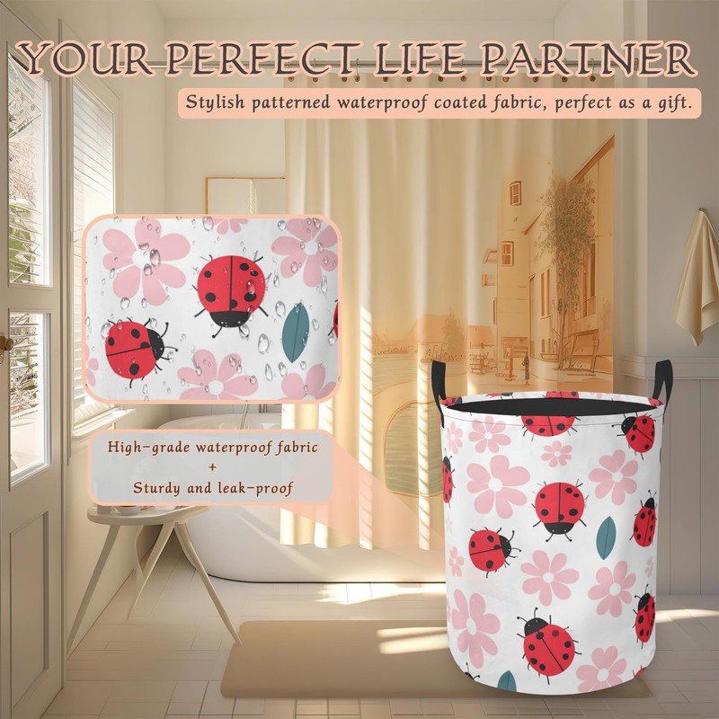 Cute Ladybug Laundry Hamper,Pink Flower Collapsible Laundry Basket with Handles