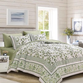 Dobuyly Floral King Size Comforter Set, Green Flowers on White Botanical Bedding Set 7 Piece Bed in a Bag King, Soft Microfiber Bedding Comforter Sets with Sheets for All Season