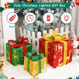 Christmas Boxes Light, 50 Led Christmas Box Decorations Set of 3 Presents Boxes Lamp with Ribbon Bows, Xmas Tree Skirt Ornament for Home Outdoor Yard Holiday Party