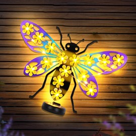 JJALIGHTS Metal Bee Outdoor Wall Decor with 30 Led Solar Lights- 13.8" Outdoor Fence Wall Art Decor, Gift for Mom Grandma Women Birthday Gardening,Hanging Decoration for Garden Patio Porch Yard