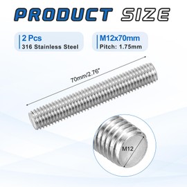 sourcing map 2Pack M12x70mm Fully Threaded Rod, 316 Stainless Steel Right Hand All Thread Screw Studs for Furniture Assembly Fastening, 1.75mm Pitch