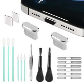 Mobile Phone Speaker Metal Dust Mesh, Charging Port dust Plug, Cleaning Brush Cleaning Tool Set for iPhone16 15 Series (USB C-Silver)