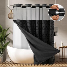 PANGSINNE Long No Hook Tufted Chevron Striped Shower Curtain with Snap-in PEVA Liner Set - 72" x 86", Hotel Style with See Through Top Window, Water Repellent Fabric Shower Curtain Black