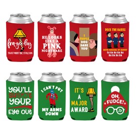 Funny Christmas Beer Can Covers, Christmas Story Merchandise Decorations, 8 Pcs Xmas Can Cooler Sleeves, 12 oz Reusable Can Coolers for Beverage Drinks, Holiday Party Supplies, White Elephant Gifts
