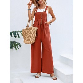 Flygo Womens Overalls Loose Fit Cotton Linen Bib Overall Wide Leg Jumpsuit Rompers with Pockets(Rust-M)