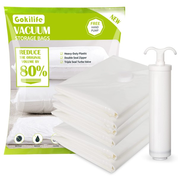 Gokilife Comforter Compression Bags, Set of 6, Size L (39.4 x 31.5 in./100 x 80 cm) x 6, Includes Pump, Dustproof, Moisture-Proof, Resistant to Mold and Dust Mites, Vacuum Cleaner Compatible, Store Comforters, Clothes, For Moving, Wardrobe Change, Travel, Business Trips