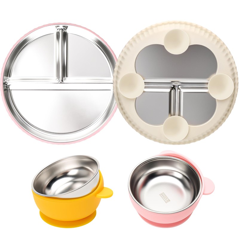 MISSLILI Stainless Steel Kids Plates and Bowls with Suction, Divided