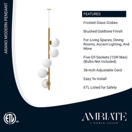 Ambiate Arano Linear Globe Pendant Light Fixture, Frosted Glass Globe Shades, Brushed Goldtone Finish, Uses Five G9 Bulbs (Not Included), Living Spaces, Dining Rooms, Accent Lighting, ETL Listed