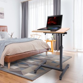 Fetcoi Rolling Laptop Table Lap Desk for Laptop, Tiltable Tabletop, Angle & Height Adjustable, Mobile Overbed Table Bedside Desk Sofa Side Table with Lockable Casters, Wood