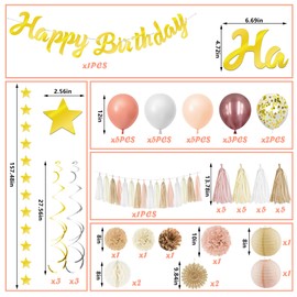 58PCS Boho Birthday Party Decorations Gold Brown Pink White Tissue Pom Poms Fan Paper Streamers Lanterns Honeycomb Balloons Streamers Happy Birthday Banner Paper Swirls Hanging Streamers