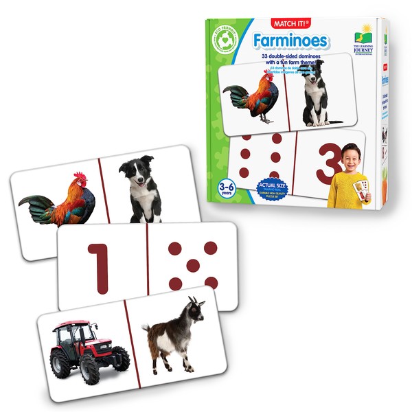 The Learning Journey: Match It! Farminoes - 33 Double Sided STEM Dominoes Style Cards - Introduce Kids Games - Early Reading Memory Object Recognition - Farm Animals- Award Winning Toys Ages 3 to 6