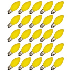 Box of 25 Light Bulbs - Opaque Yellow, Steady Burning, 7 Watt, C7 -E12 Candelabra Base -Great for Night Lights, Decorative Lights and Christmas Strings