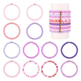 FASHEWELRY 12 Pcs Pink Themed Bracelets Beaded Bracelets for Women Friendship Bracelets Heishi Surfer Bracelets Set Clay Beads Stretch Bracelets Stack Plastic Beaded Preppy Bracelets Preppy Jewelry