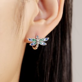 CYMYSS 925 Sterling Silver Hoop Earrings for Women, Small Trendy Hoops Sparkly Cubic Zirconia Hypoallergenic Huggie Earrings Statement Fashion Jewelry Gifts for Sensitive Ears - Green & Blue Dragonfly