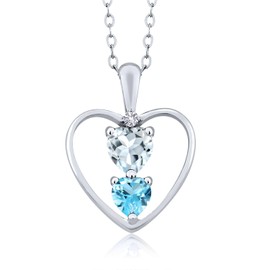 925 Sterling Silver Sky Blue Aquamarine Swiss Blue Topaz and White Created Sapphire Pendant Necklace For Women (0.75 Cttw, Gemstone March Birthstone, Heart 5MM and 4MM, with 18 Inch Silver Chain)